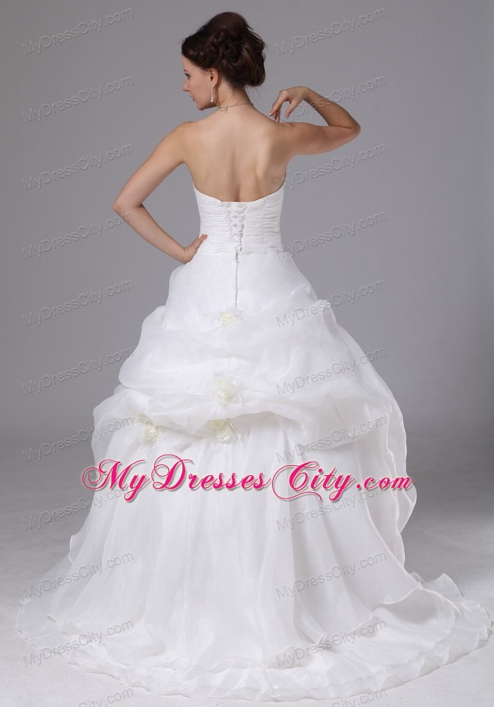 Brush Train Organza Wedding Dress with Pick-ups and Hand Made Flowers