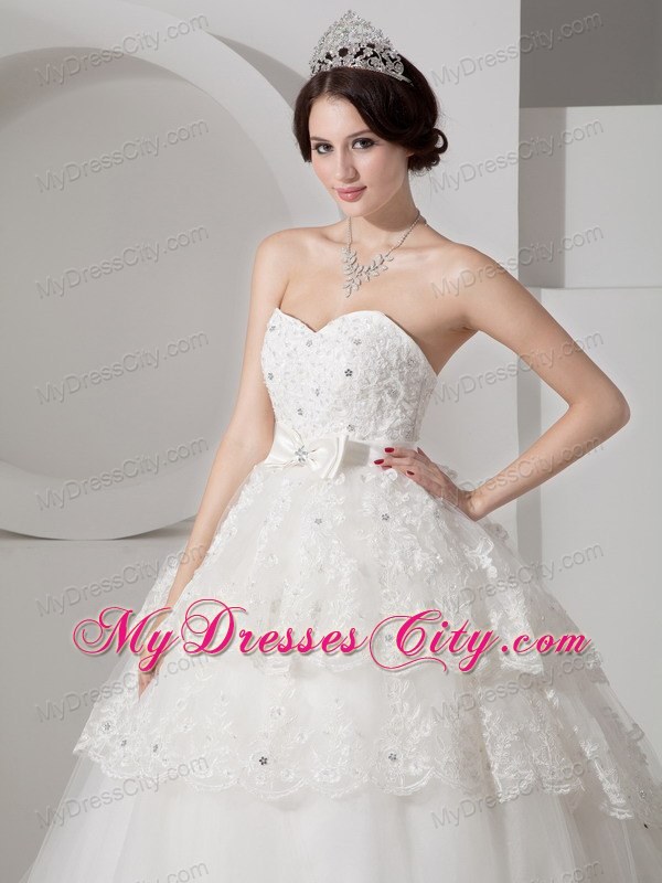 Brush Train Lace Layers Wedding Dress with Beading and Bowknot Belt