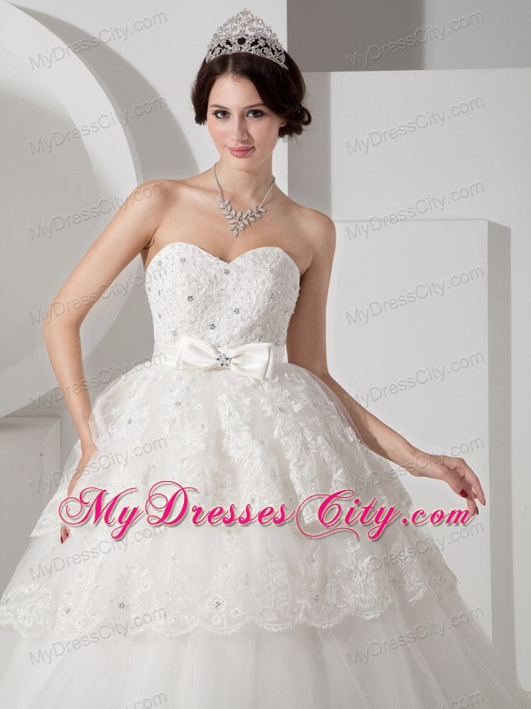 Brush Train Lace Layers Wedding Dress with Beading and Bowknot Belt