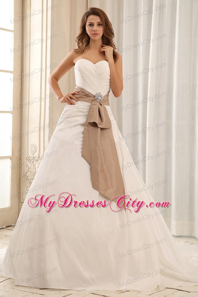 Brush Train Ruches Bridal Dress with Champagne Sash For Wedding Party