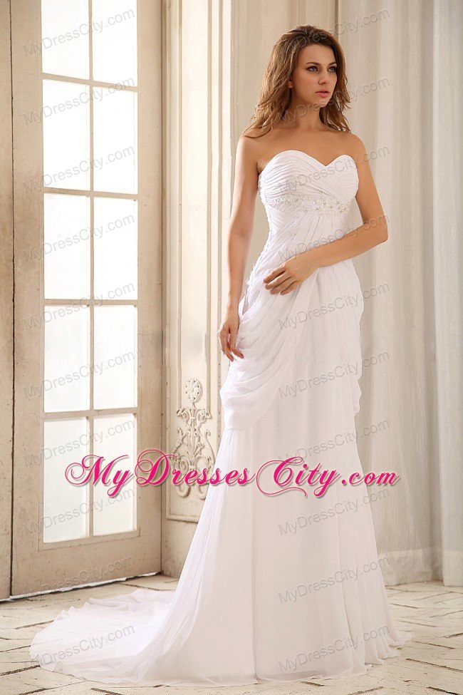 Column Appliques and Ruche Beaded Beach Bridal Gown With Draped Both Side