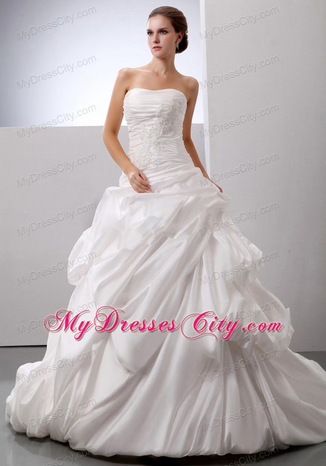 Ruched and Appliqued Bodice Bridal Dress with Pick-ups