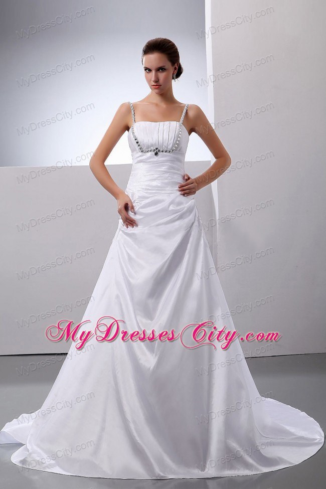 Court Train Ruched Wedding Gown with Beaded Spaghetti Straps