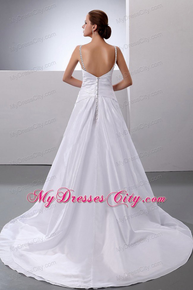 Court Train Ruched Wedding Gown with Beaded Spaghetti Straps