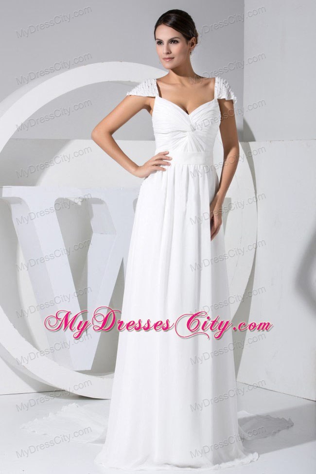 Empire Watteau Train Wedding Gown with Beaded Cap Sleeves