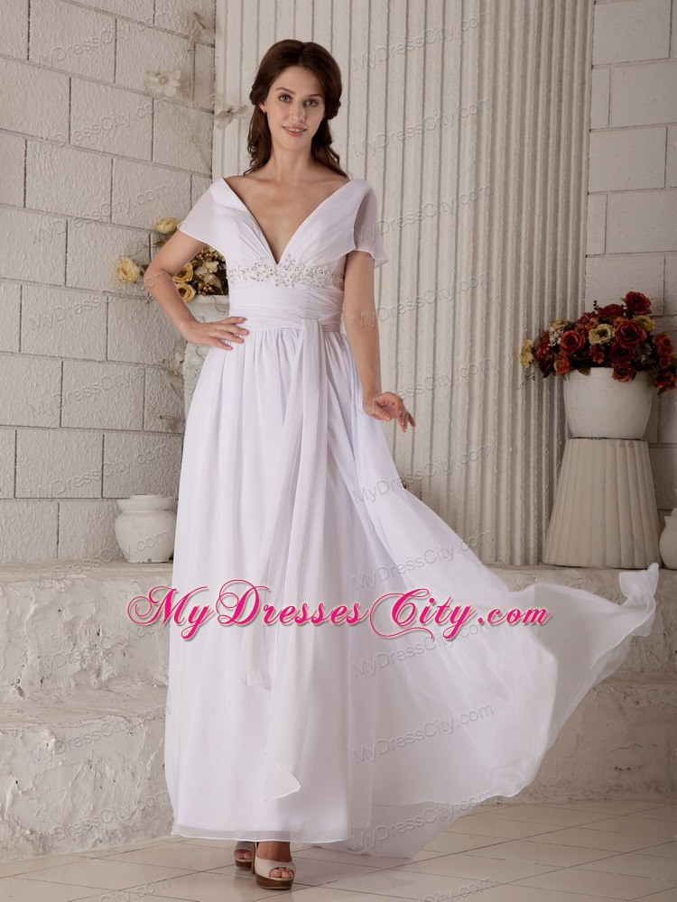 Empire Off-the-shoulder Sash Wedding Dress with Short Sleeves