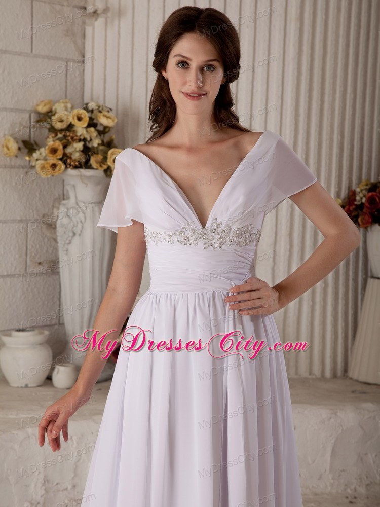 Empire Off-the-shoulder Sash Wedding Dress with Short Sleeves