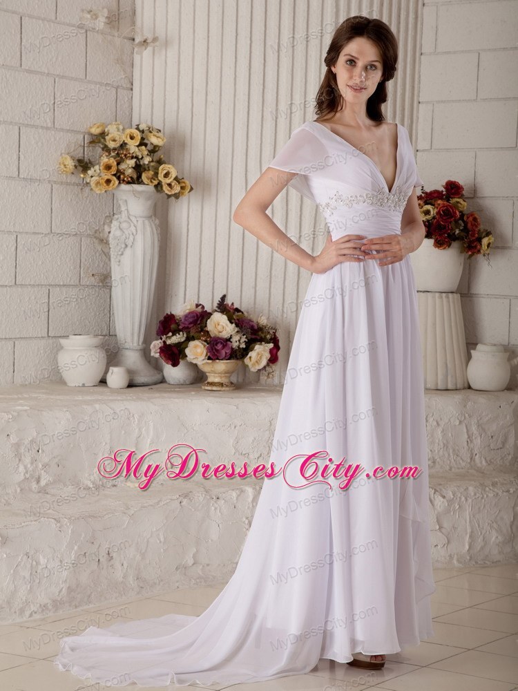 Empire Off-the-shoulder Sash Wedding Dress with Short Sleeves
