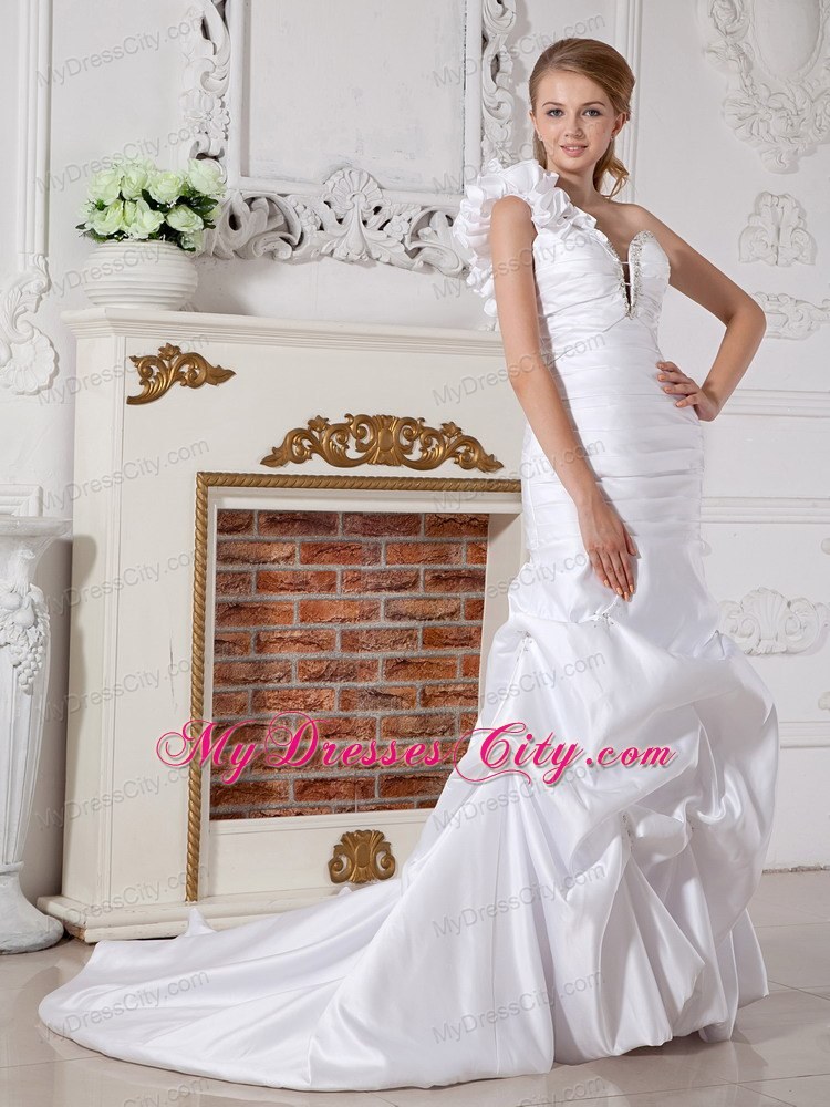 Flowery One Shoulder Court Train Ruched Pick-ups Wedding Dress