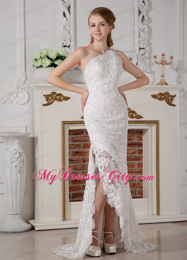 Column One Shoulder Lace Flowers Bridal Dress with Brush Train