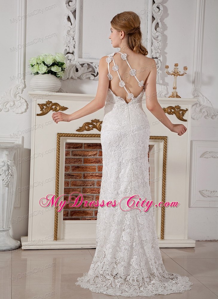 Column One Shoulder Lace Flowers Bridal Dress with Brush Train