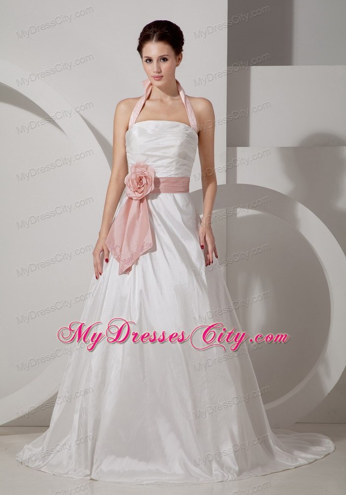 Halter Ruching Court Train Bridal Dress with Pink Handle Flower Sash