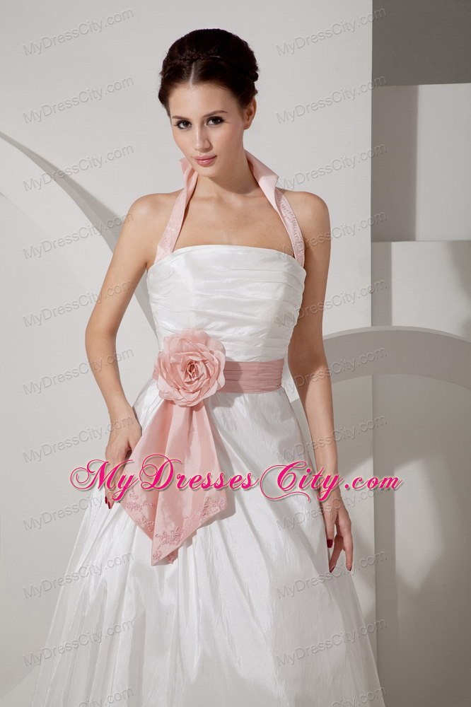Halter Ruching Court Train Bridal Dress with Pink Handle Flower Sash
