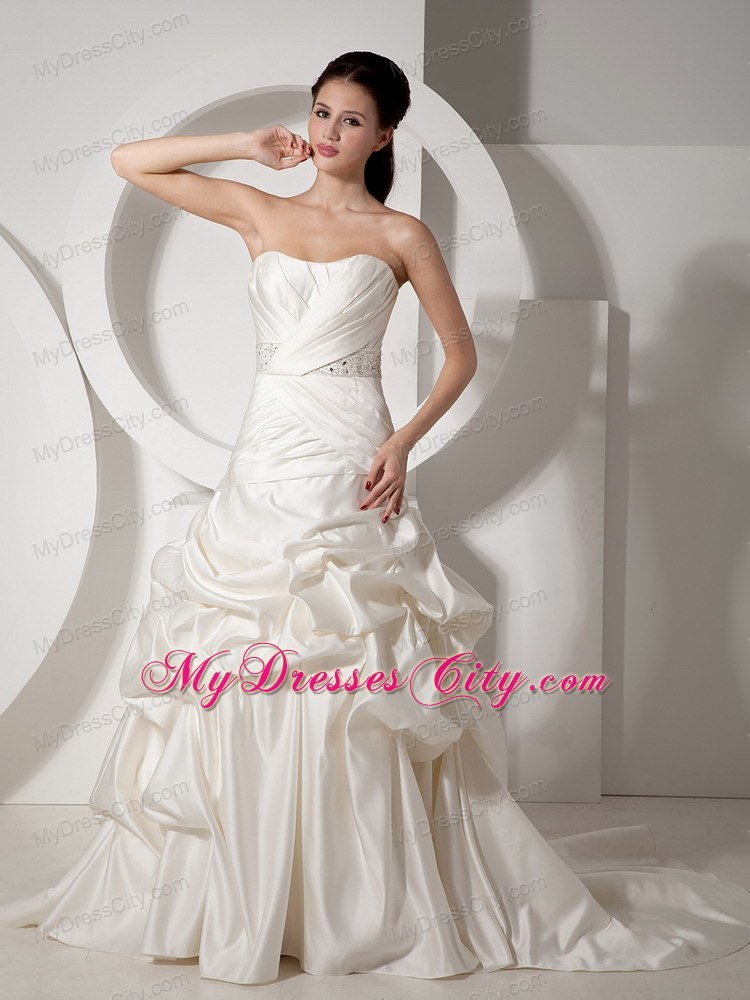 Pick-ups and Ruching Court Train Bridal Gown with Beaded Sash