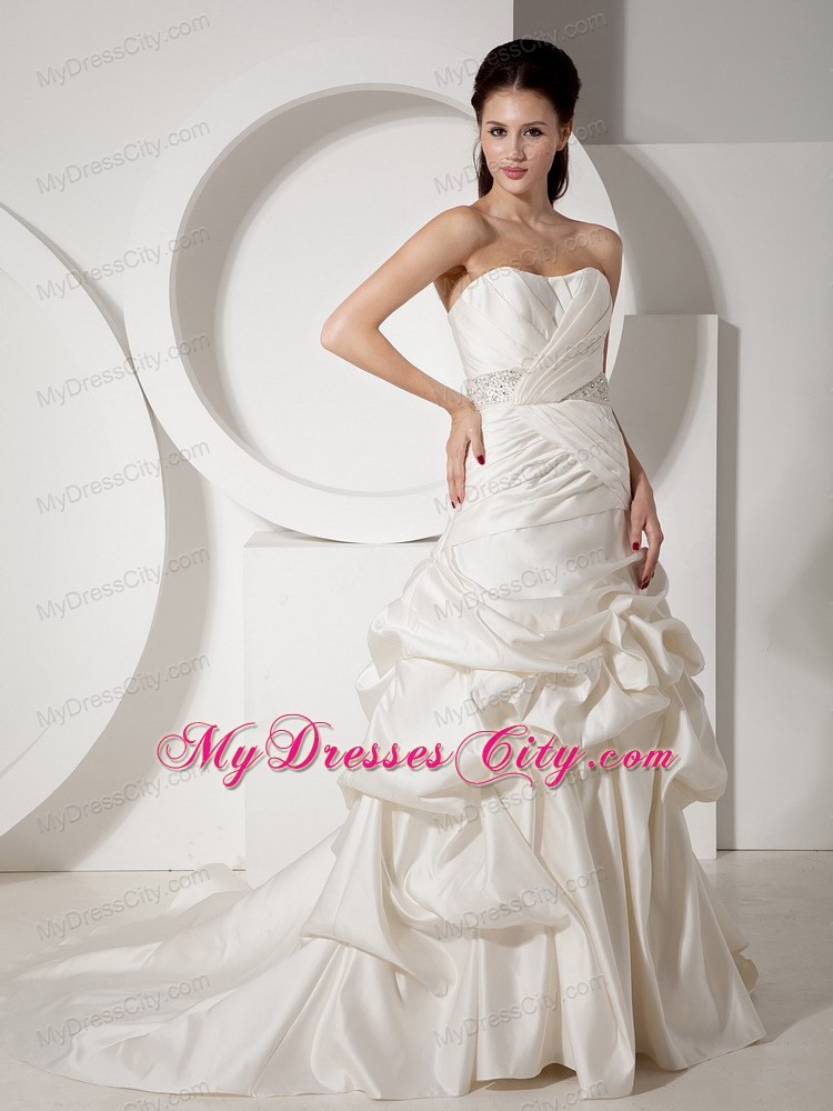 Pick-ups and Ruching Court Train Bridal Gown with Beaded Sash