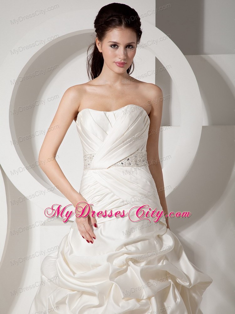 Pick-ups and Ruching Court Train Bridal Gown with Beaded Sash