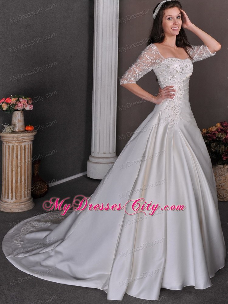 Half Sleeves A-line Chapel Train Appliques and Beading Wedding Gowns