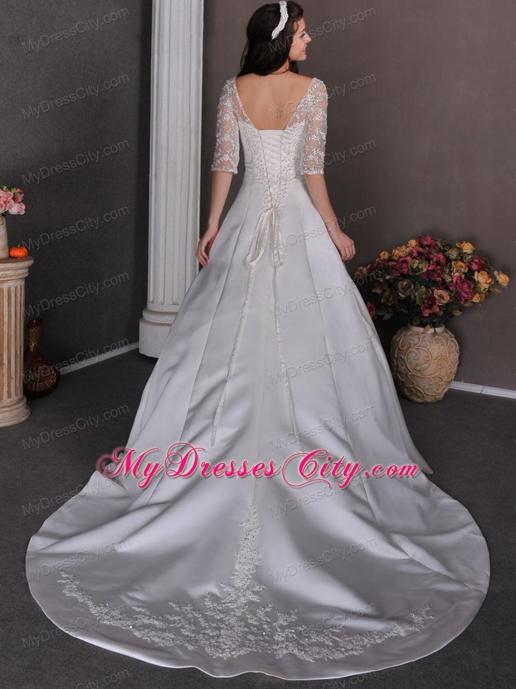 Half Sleeves A-line Chapel Train Appliques and Beading Wedding Gowns