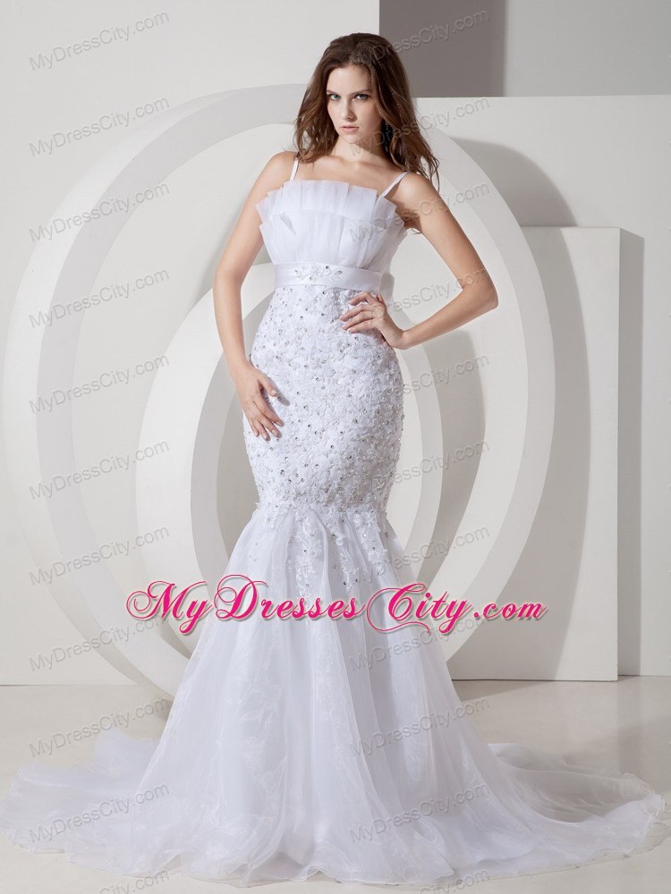 Mermaid Straps Court Train Beaded Bridal Gown with Bowknot on the Back