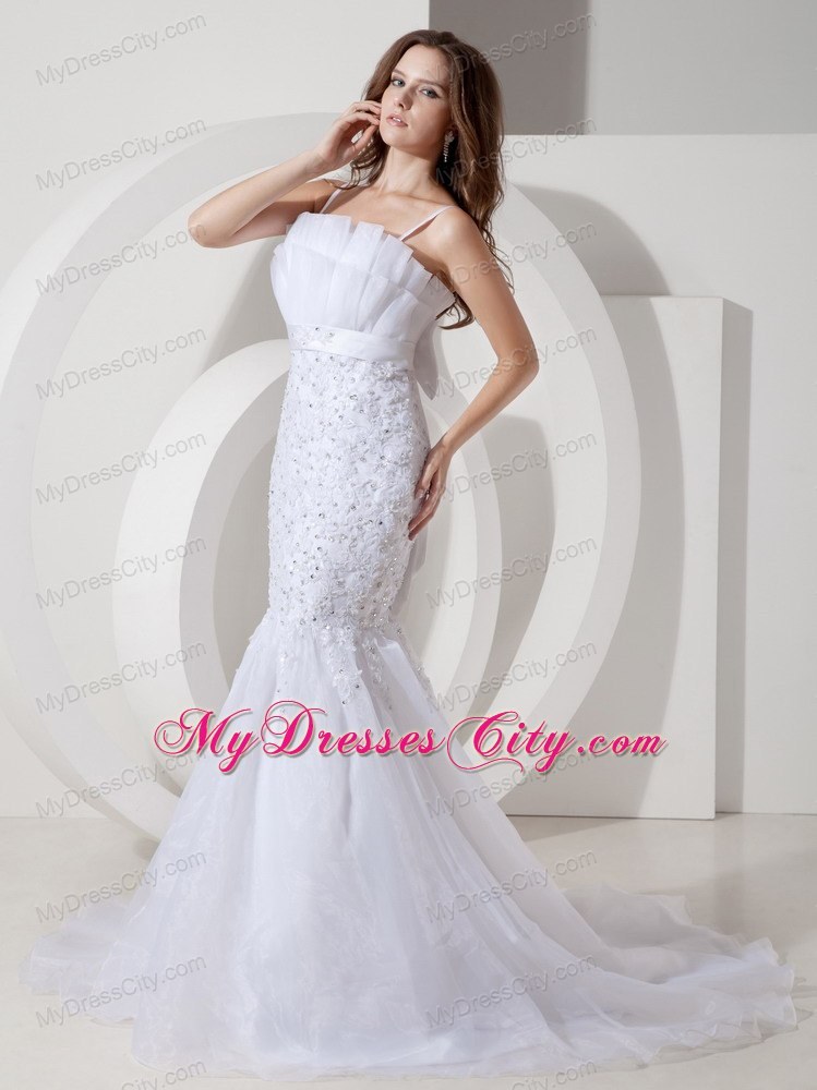Mermaid Straps Court Train Beaded Bridal Gown with Bowknot on the Back
