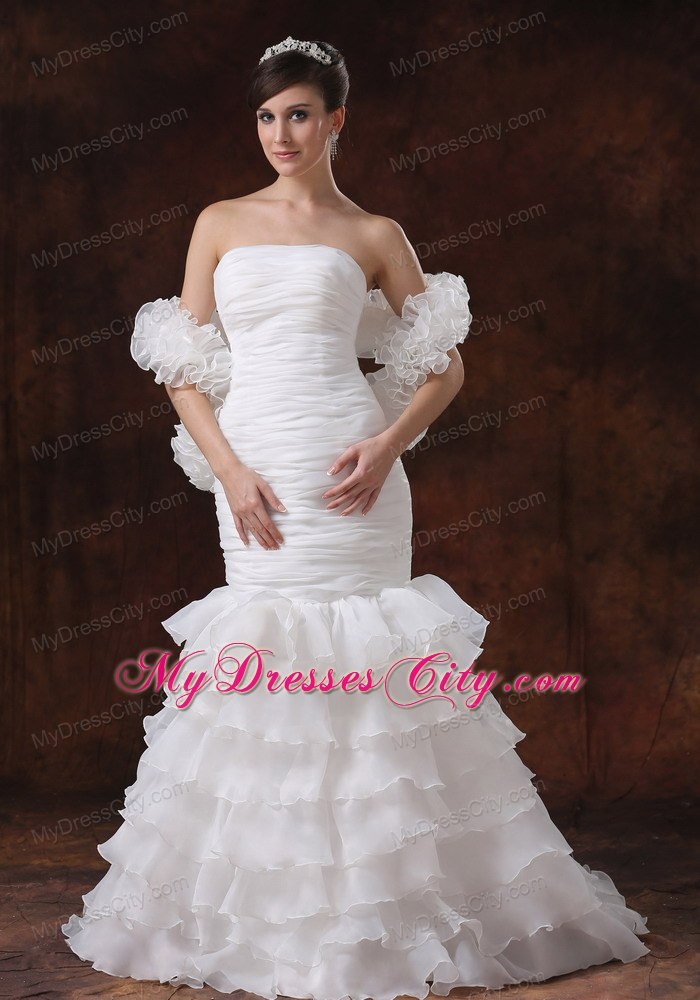 Mermaid Brush Train Organza Ruching Wedding Dress with Ruffled Layers