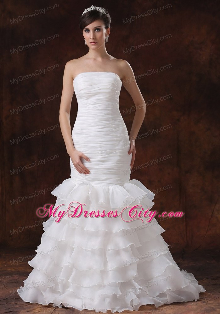 Mermaid Brush Train Organza Ruching Wedding Dress with Ruffled Layers