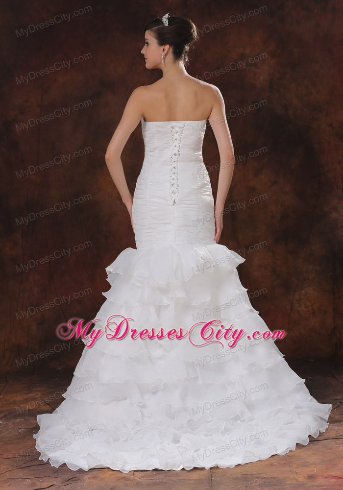 Mermaid Brush Train Organza Ruching Wedding Dress with Ruffled Layers