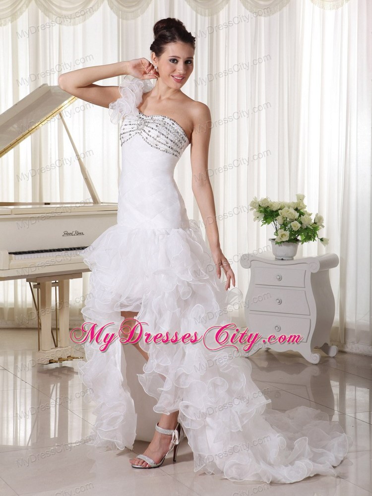 One Shoulder High Slit Ruffles Court Train Bridal Gown with Flowers and Beading