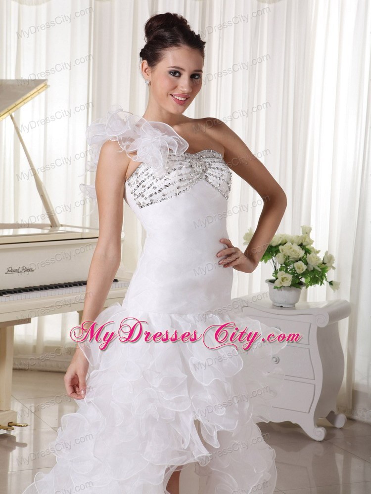One Shoulder High Slit Ruffles Court Train Bridal Gown with Flowers and Beading