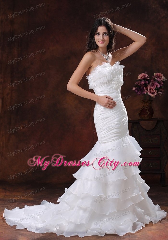 White Mermaid Organza Brush Train Wedding Dress With Ruffled Layers