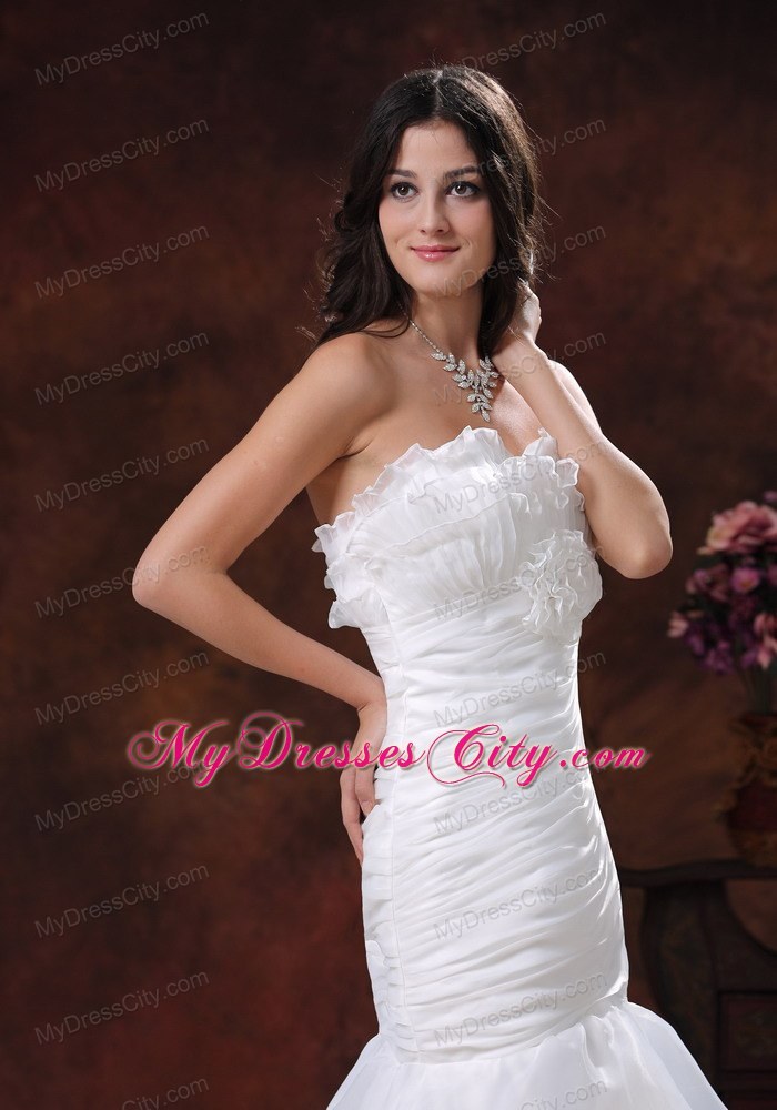 White Mermaid Organza Brush Train Wedding Dress With Ruffled Layers