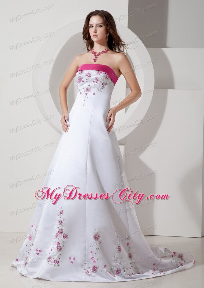 Elegant Hot Pink Hem Brush Train Satin Wedding Dress with Embroidery