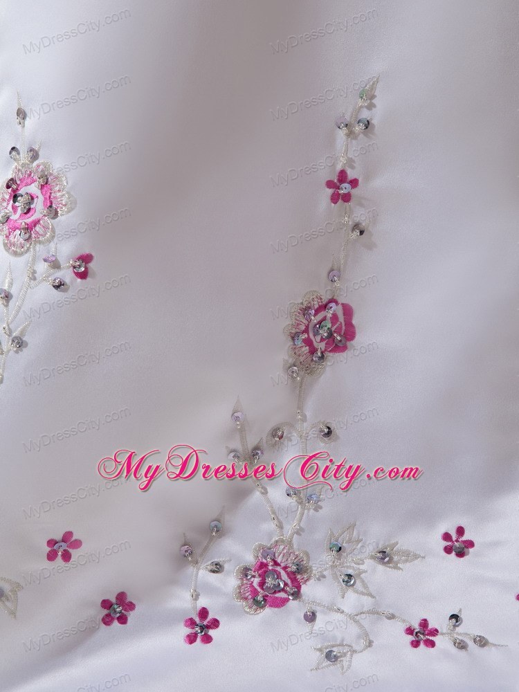 Elegant Hot Pink Hem Brush Train Satin Wedding Dress with Embroidery