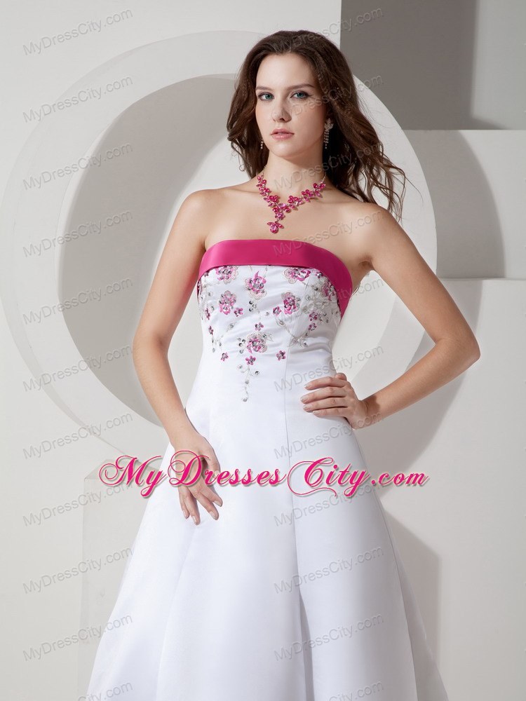 Elegant Hot Pink Hem Brush Train Satin Wedding Dress with Embroidery