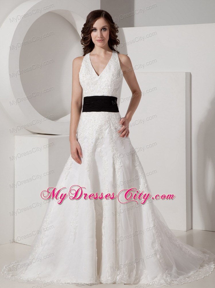 White Halter Court Train Satin and Lace Appliques Bridal Gown with Black Belt