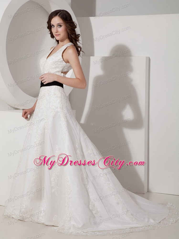 White Halter Court Train Satin and Lace Appliques Bridal Gown with Black Belt