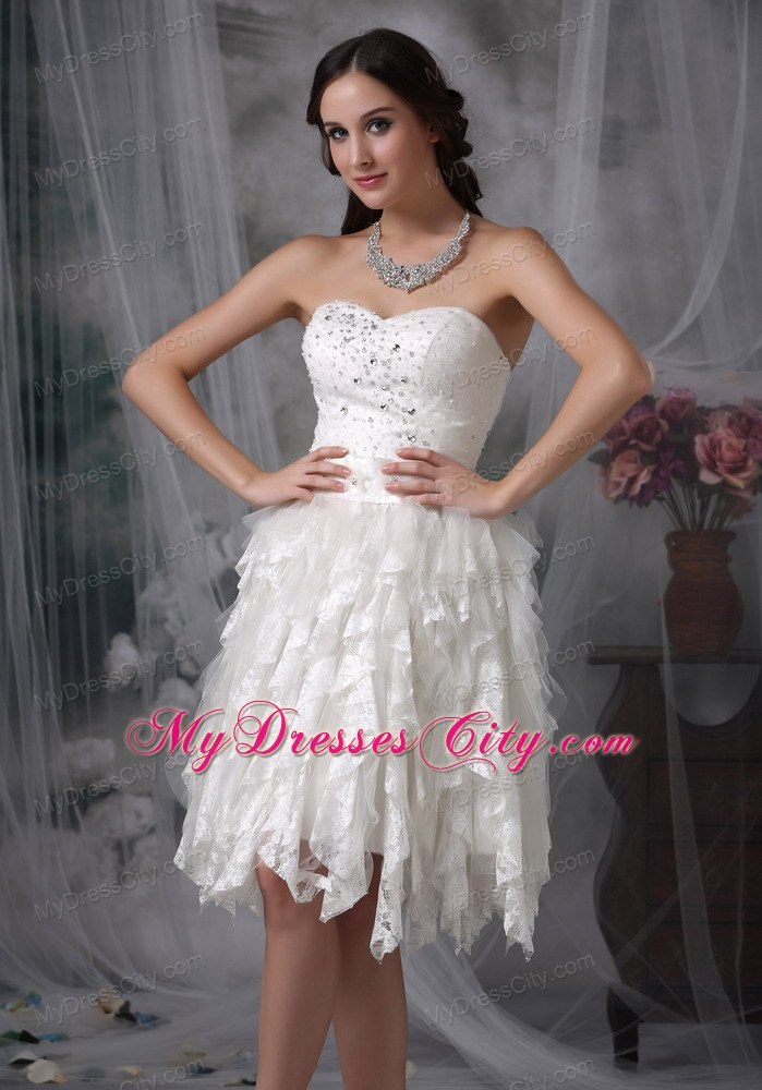 Knee-length Sweetheart Lace Beading Short Wedding Dress with Ruffles