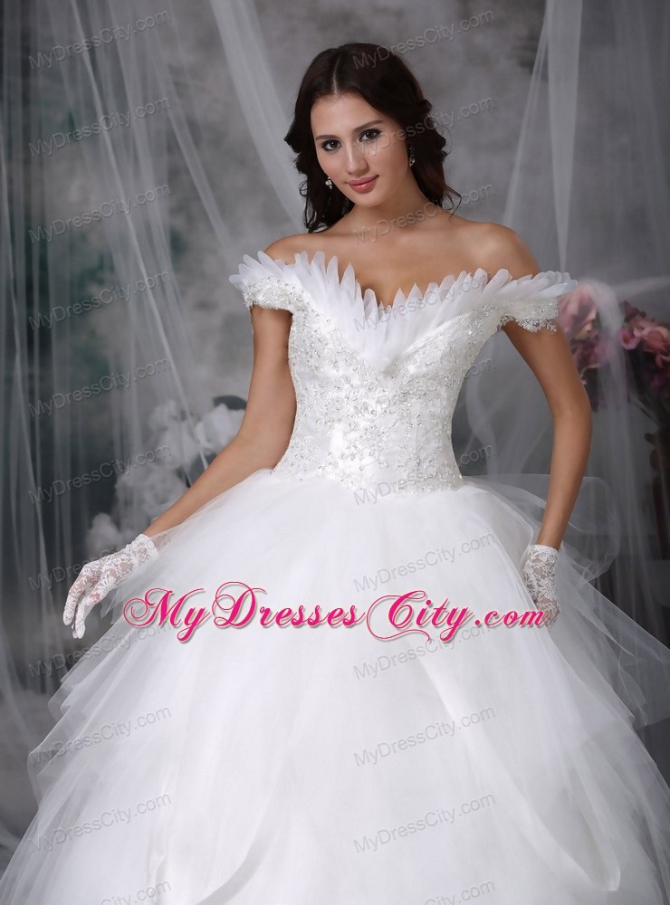 Ruffles Off The Shoulder Appliques Wedding Dress with Lace Up Back