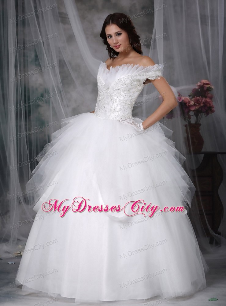 Ruffles Off The Shoulder Appliques Wedding Dress with Lace Up Back