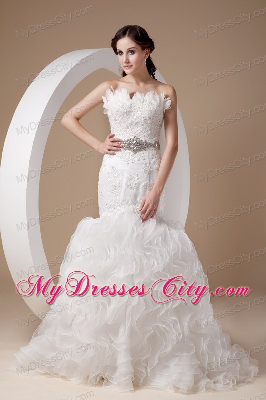 Ruffled Court Train Bridal Dress with Appliques Feather and Beaded Sash