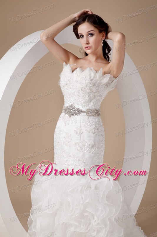 Ruffled Court Train Bridal Dress with Appliques Feather and Beaded Sash