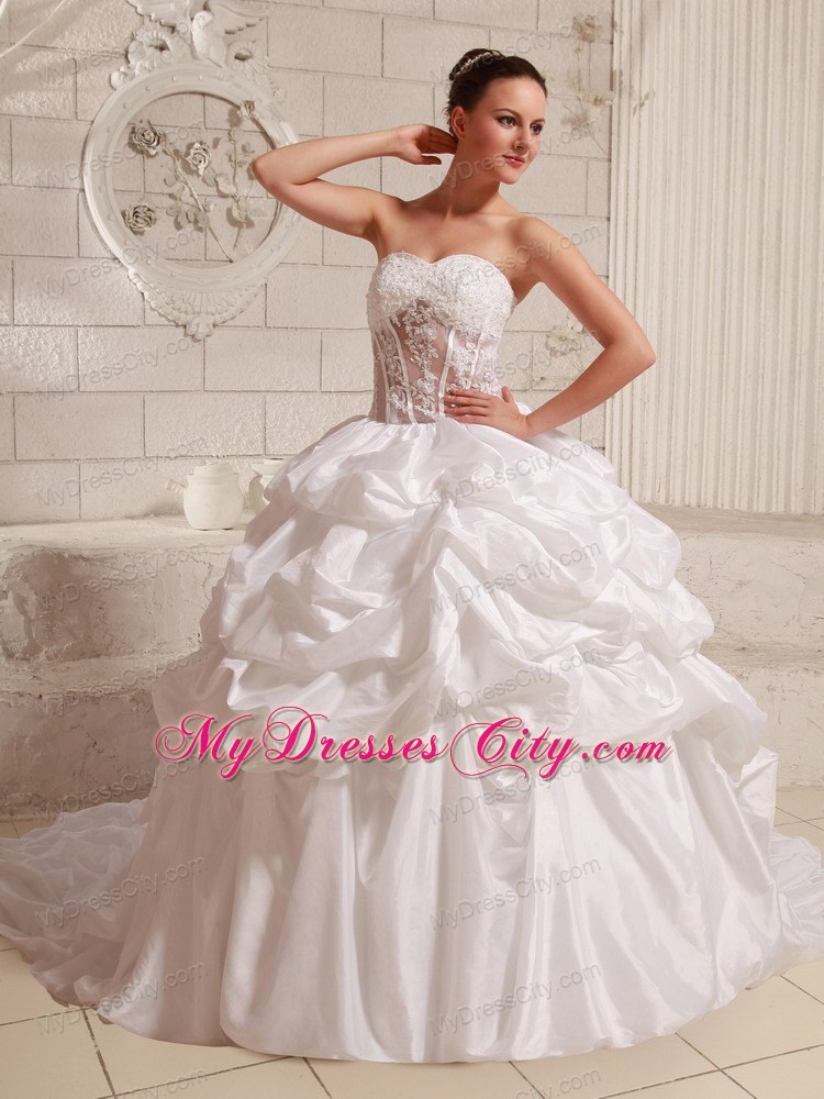 Appliques Transparent Waist Pick-ups Wedding Gowns With Chapel Train
