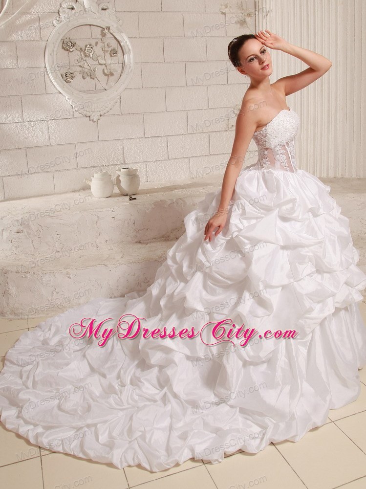 Appliques Transparent Waist Pick-ups Wedding Gowns With Chapel Train