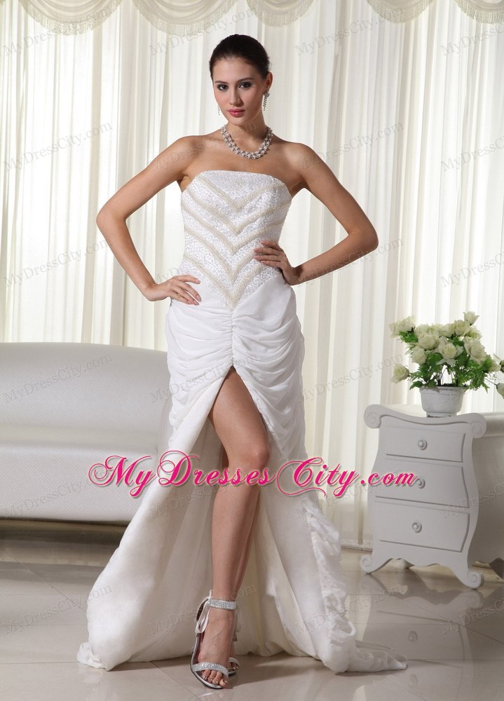 Two-toned Peals Decorated Wedding Dress with High-slit Draped Skirt