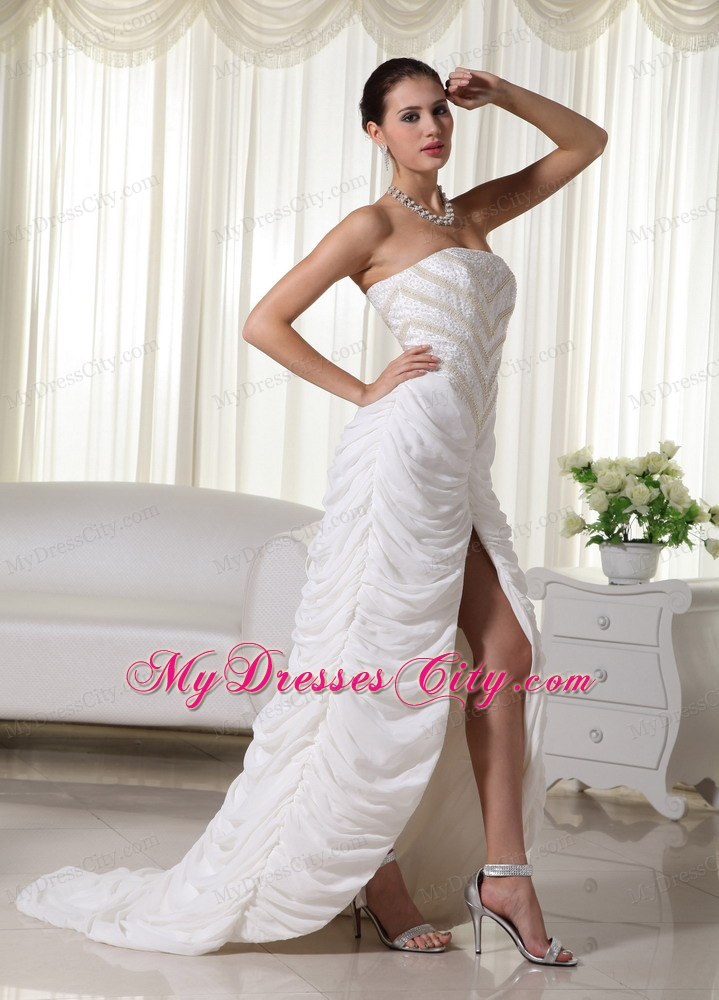 Two-toned Peals Decorated Wedding Dress with High-slit Draped Skirt