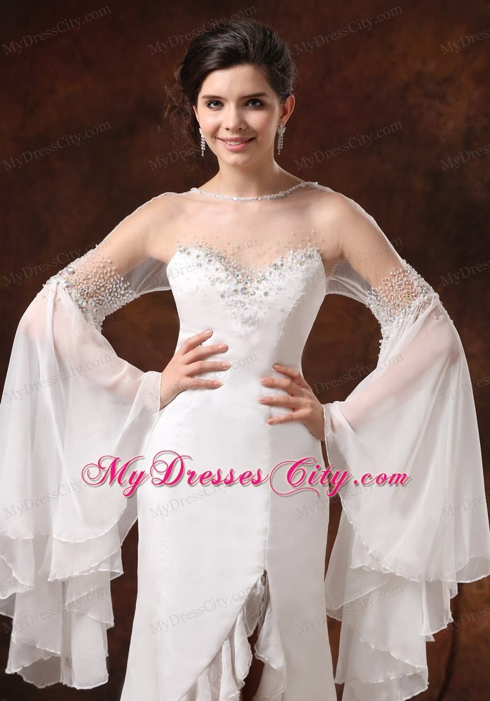 Sheer Bateau High Slit Long Sleeves Beaded Wedding Dress