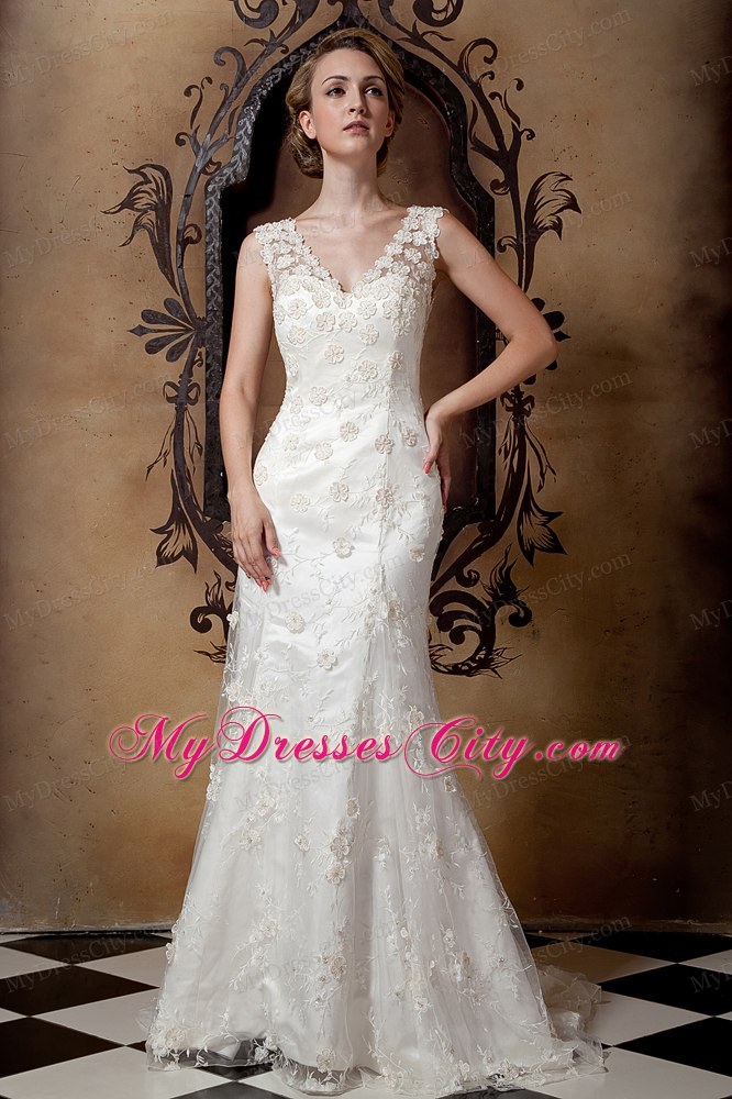 Elegant Column V-neck Floral Lace Covered Wedding Dress 2013