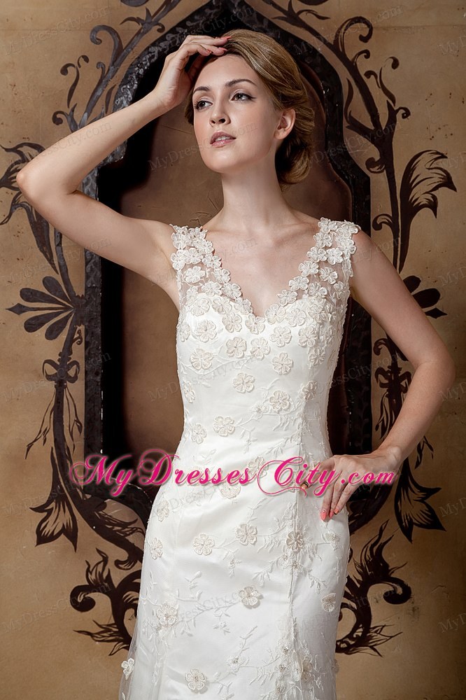 Elegant Column V-neck Floral Lace Covered Wedding Dress 2013