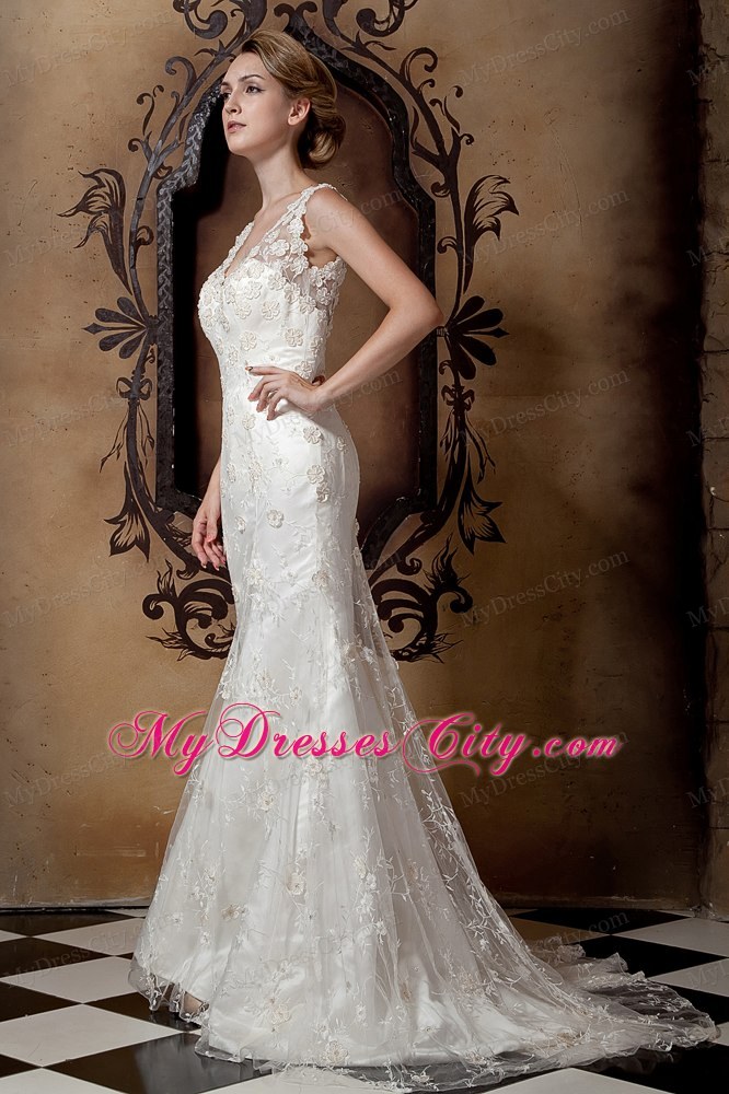 Elegant Column V-neck Floral Lace Covered Wedding Dress 2013