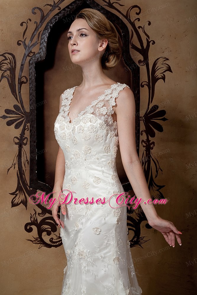 Elegant Column V-neck Floral Lace Covered Wedding Dress 2013